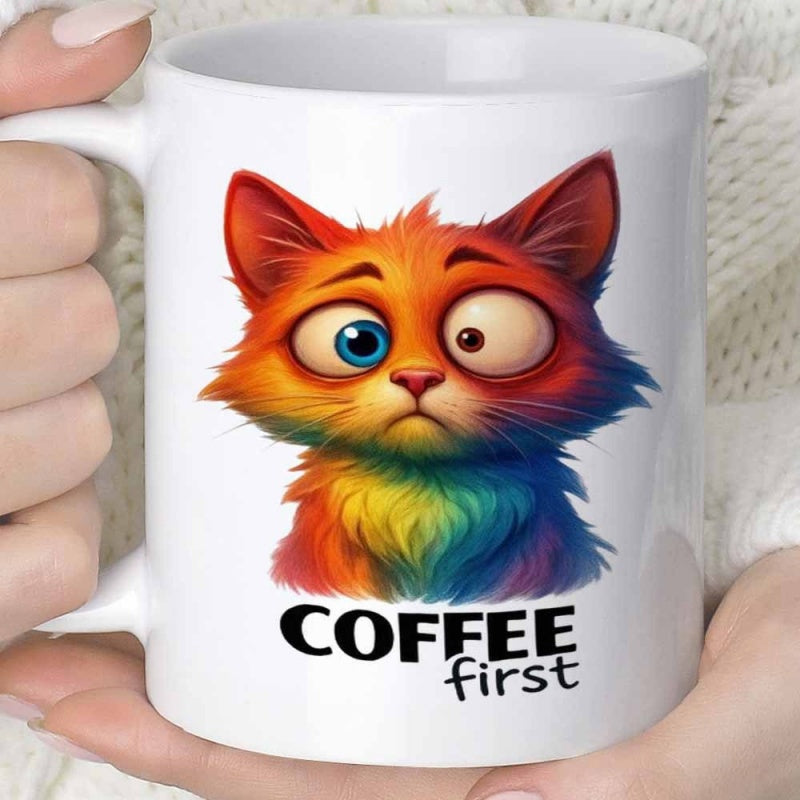 Tailorly White Ceramic 11 oz Mug - Coffee First Rainbow Colored Fur With Large Expressive Eyes And Cute Furry Face Cat