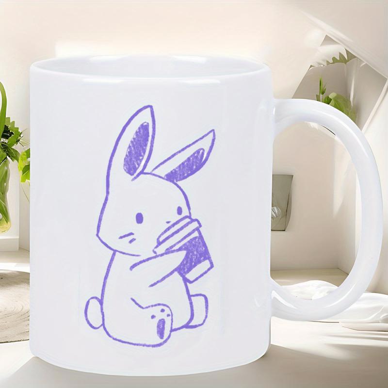 Tailorly White Ceramic 11 oz Mug - Minimalist Purple Sketch Of A Cute Little Rabbit Drinking Warm Coffee Bunny