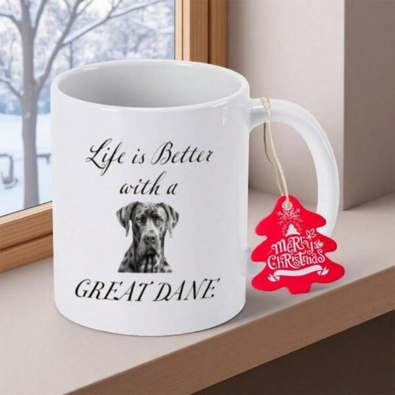 Tailorly White Ceramic 11 oz Mug - Life Is Better With A Great Dane Detailed Realistic Charcoal Style Sketch Of A Majestic Standing Great Dane