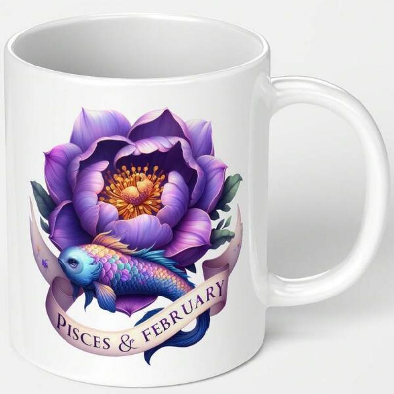 Tailorly White Ceramic 11 oz Mug - Pisces February Vibrant Purple Peony With Iridescent Scales Swimming Under Elegant Ribbon Fish