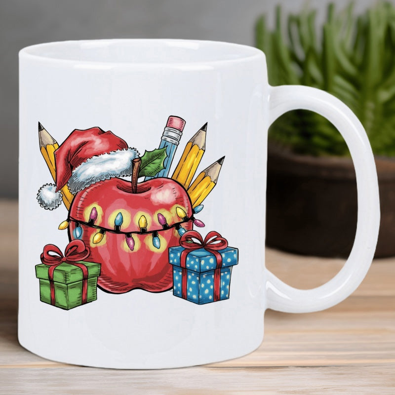 Tailorly White Ceramic 11 oz Mug - Festive Red Apple Wearing Santa Hat Among Pencils And Gift Boxes Apple