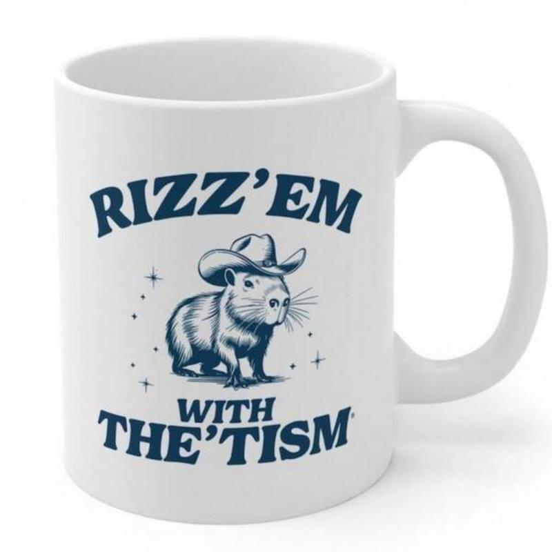 Tailorly White Ceramic 11 oz Mug - Rizz'em With The 'Tism Cute Capybara Wearing Cowboy Hat Surrounded By Small Twinkling Stars Capybara