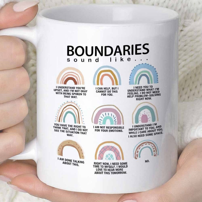 Tailorly White Ceramic 11 oz Mug - Boundaries Sound Like Muted Earthy Tones Aesthetic Boho Style In Minimalist Modern Artistic Delicate Small Rainbow