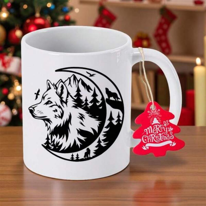 Tailorly White Ceramic 11 oz Mug - Wild Forest Landscape With Silhouette Of Howling Wolf And Mountains Wolf