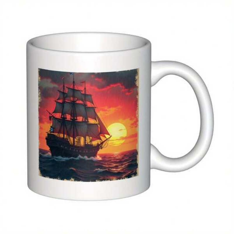 Tailorly White Ceramic 11 oz Mug - Majestic Old Wooden Boat Gliding Over Deep Blue Waves Beneath Sunset Ship