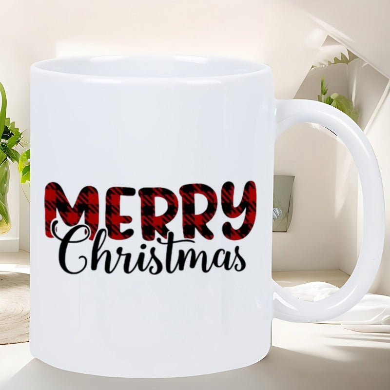 Tailorly White Ceramic 11 oz Mug - Merry Christmas Festive Red And Black Buffalo Plaid Text On