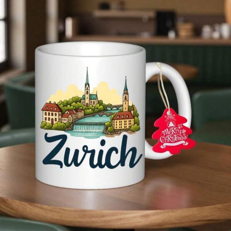 Tailorly White Ceramic 11 oz Mug - Zurich Scenic European Architecture With River Flowing Past Towers Cityscape