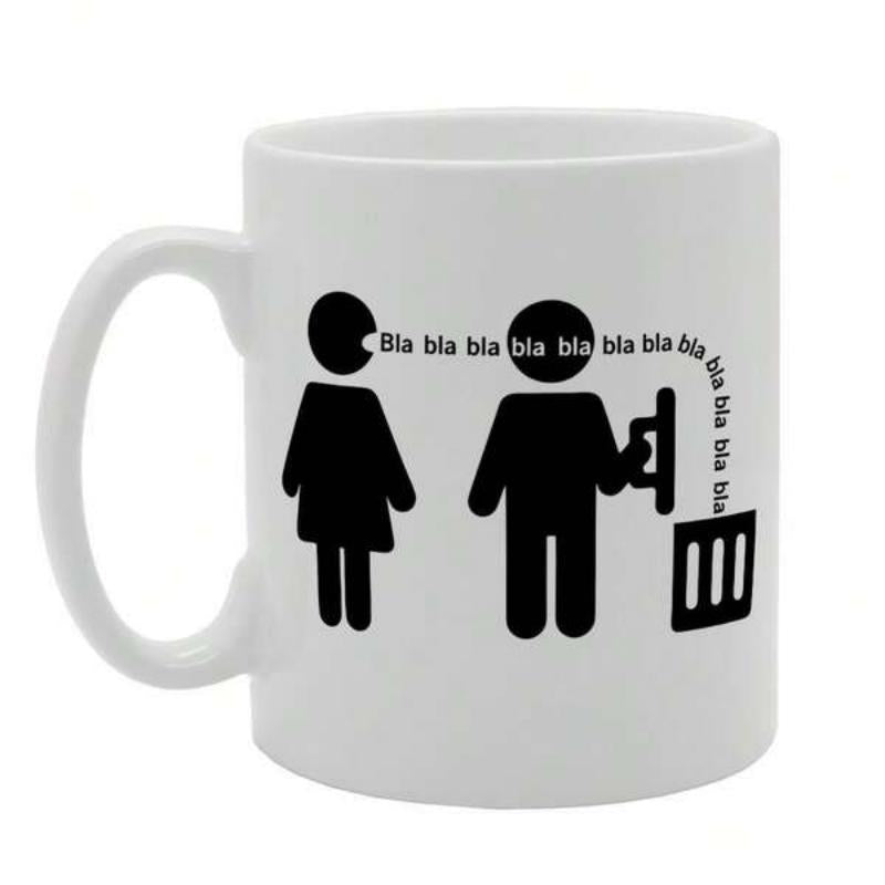 Tailorly White Ceramic 11 oz Mug - Bla Bla Bla Humorous Minimalist Icons Throwing Noisy Words Into A Small Trash Bin Stick Figure