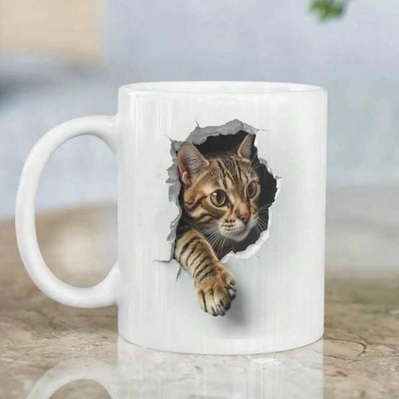 Tailorly White Ceramic 11 oz Mug - Realistic Brown Tabby Peeking Out Through Three Dimensional Cracked Paper Hole Cat