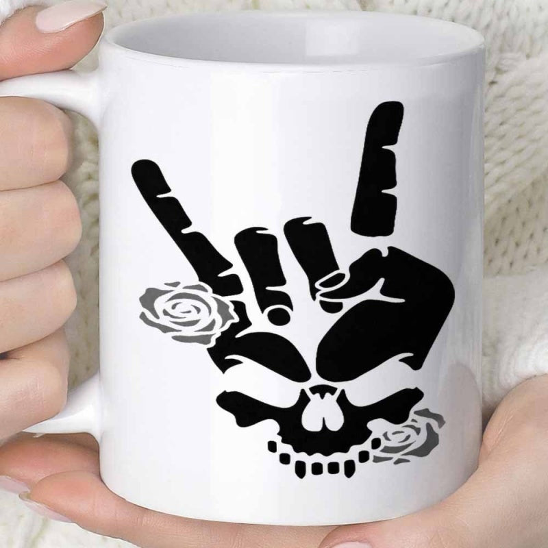 Tailorly White Ceramic 11 oz Mug - Gothic Rock Gesturing Silhouette Featuring Skull Details And Blooming Ornamental Roses Hand