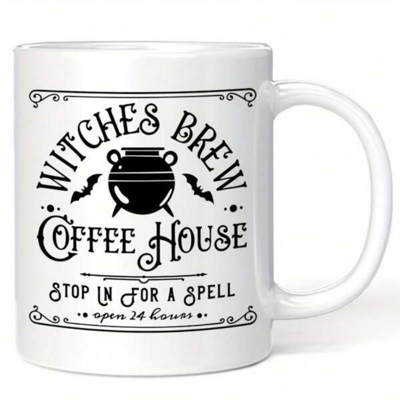Tailorly White Ceramic 11 oz Mug - Witches Brew Coffee House Stop In For A Spell Mystical Cauldron With Flying Bats And Vintage Ornate Decorative Scrollwork
