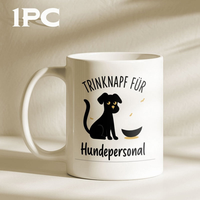 Tailorly White Ceramic 11 oz Mug - Charming Minimalist Style Black Silhouette Sitting Quietly Beside Small Food Bowl Dog