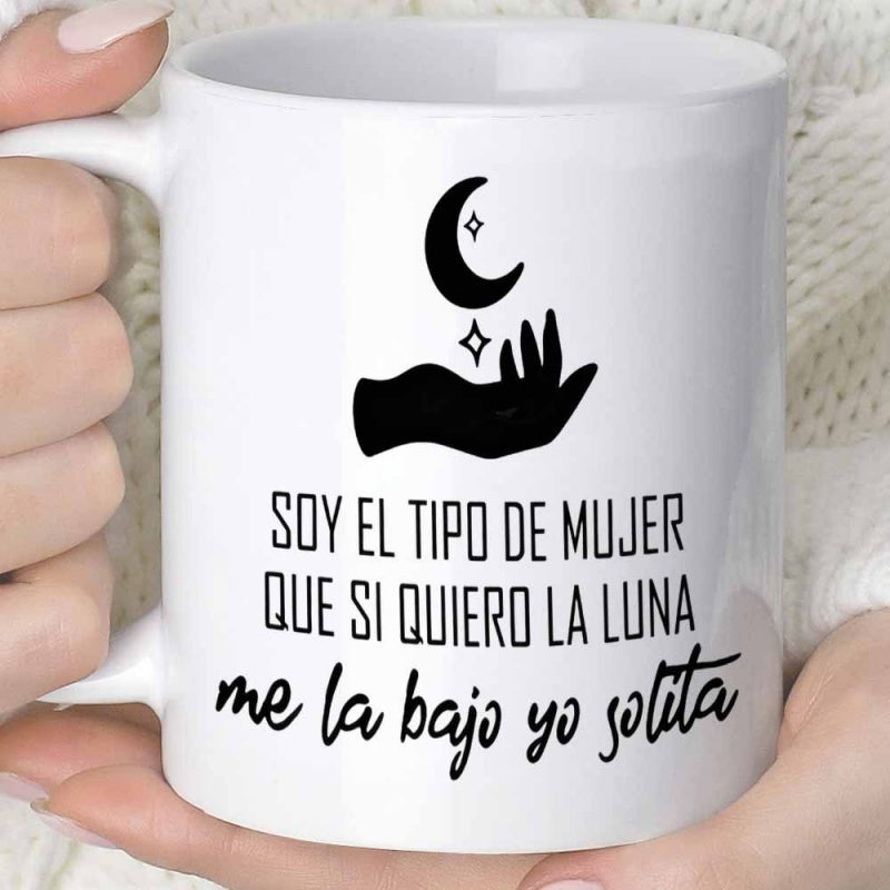 Tailorly White Ceramic 11 oz Mug - Mystical Silhouette Hand Reaching Towards A Glowing Sparking Crescent Moon