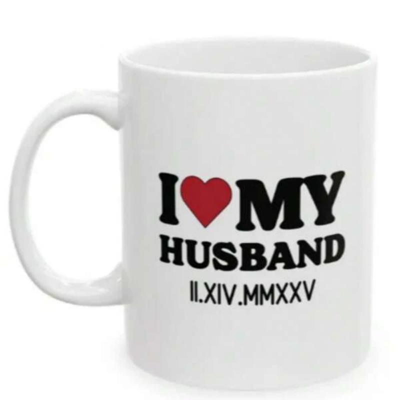 Tailorly White Ceramic 11 oz Mug - I Love My Husband Simple Bold Black Lettering Featuring Vibrant Red Heart Above Roman Numerals Mug