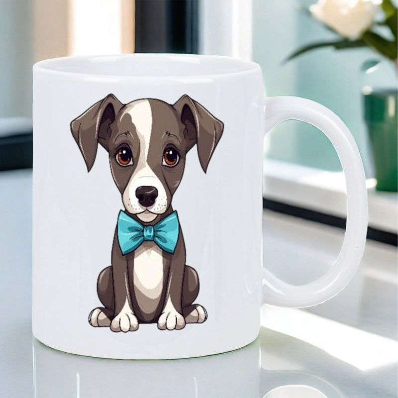Tailorly White Ceramic 11 oz Mug - Charming Sitting Puppy With Brown Patches Wearing A Small Blue Bowtie Dog
