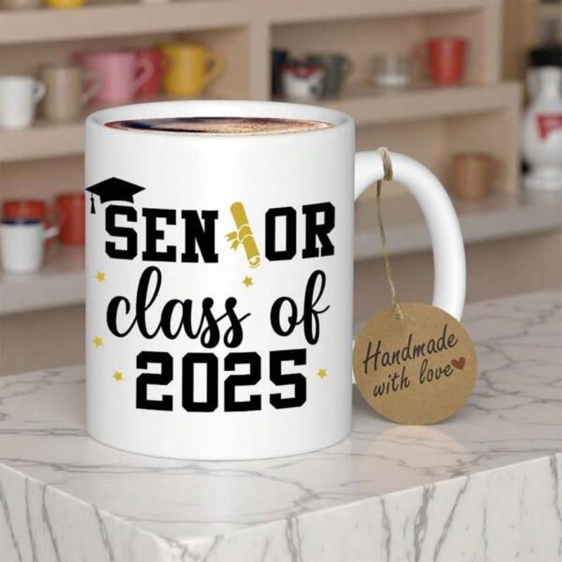 Tailorly White Ceramic 11 oz Mug - Senior Class Of 2025 Classic Scholastic Icons With Diploma And Mortarboard Decorating A Clean