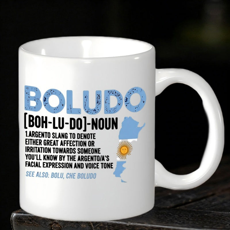 Tailorly White Ceramic 11 oz Mug - Boludo Argento Slang Silhouette Map Of Argentina With National Flag Colors And Sun Motif Mug