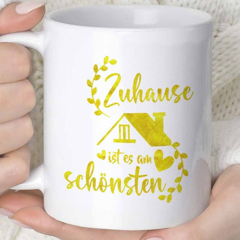 Tailorly White Ceramic 11 oz Mug - Golden Textured Silhouette With Elegant Leafy Vines And Small Heart House