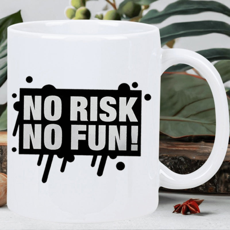 Tailorly White Ceramic 11 oz Mug - No Risk No Fun Bold Black Rectangular Frame With Artistic Paint Drip And Splatter Dots Mug