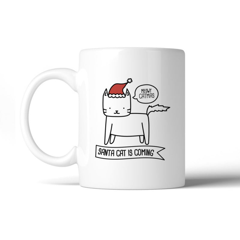 Tailorly White Ceramic 11 oz Mug - Meow Catmas Santa Cat Is Coming Minimalist Line Drawing Wearing Festive Red Santa Hat Cat