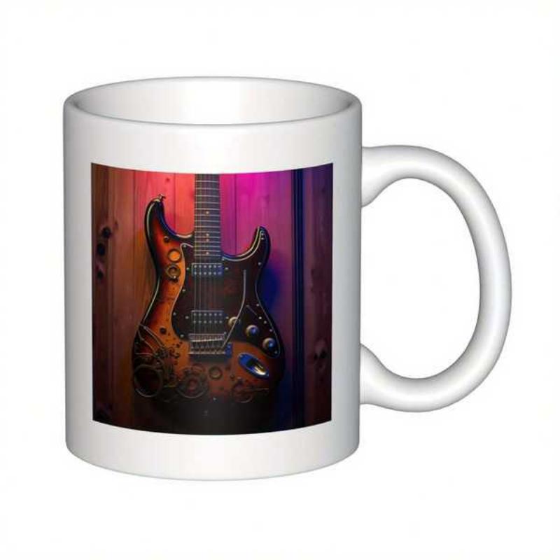 Tailorly White Ceramic 11 oz Mug - Glowing With Vibrant Neon Lights Against A Rustic Wooden Background Guitar