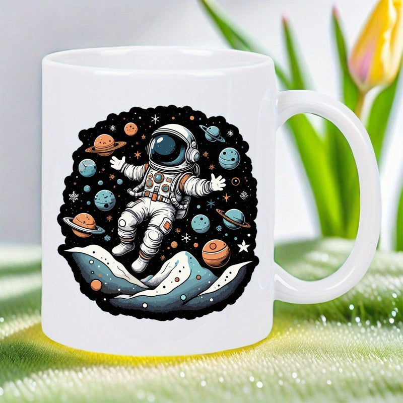 Tailorly White Ceramic 11 oz Mug - Floating In Distant Galaxy Surrounded By Tiny Stars And Colorful Planets Astronaut