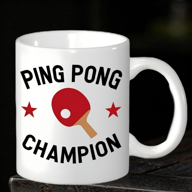 Tailorly White Ceramic 11 oz Mug - Ping Pong Champion Red Racket Positioned Between Two Symmetrical Small Stars Paddle