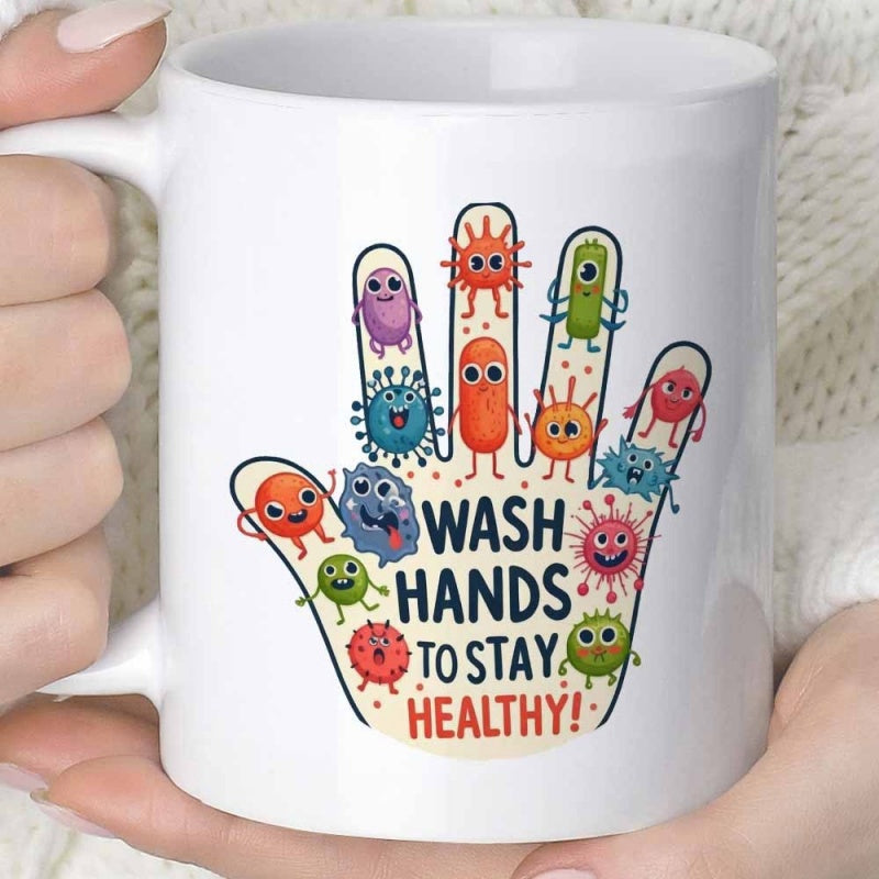 Tailorly White Ceramic 11 oz Mug - Wash Hands To Stay Healthy Colorful Cartoon Germs And Bacteria Resting Inside A Human Hand Silhouette Hand