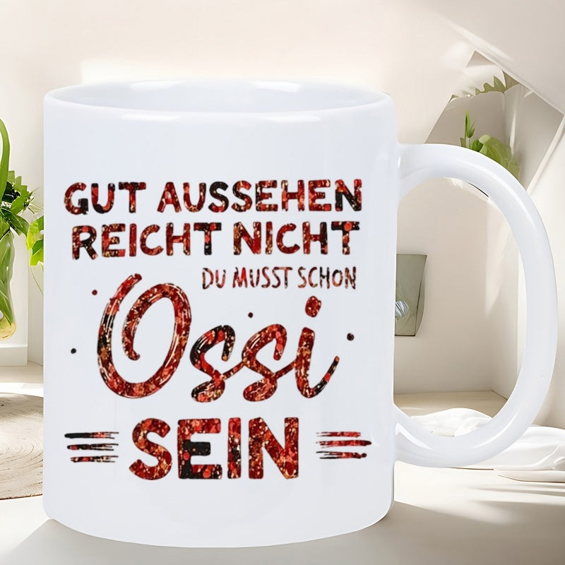 Tailorly White Ceramic 11 oz Mug - Stylized Patterned Text On White Ceramic Background With Reddish Texture Mug