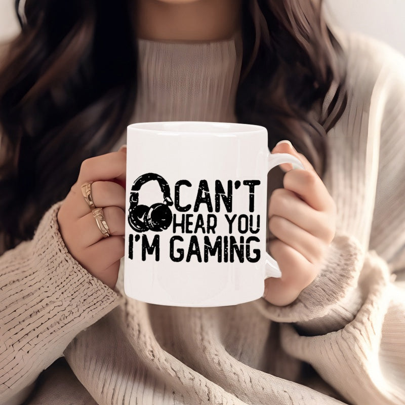 Tailorly White Ceramic 11 oz Mug - Cant Hear You Im Gaming Distressed Stencil Style Graphic Design For Passionate Video Game Enthusiasts Headset