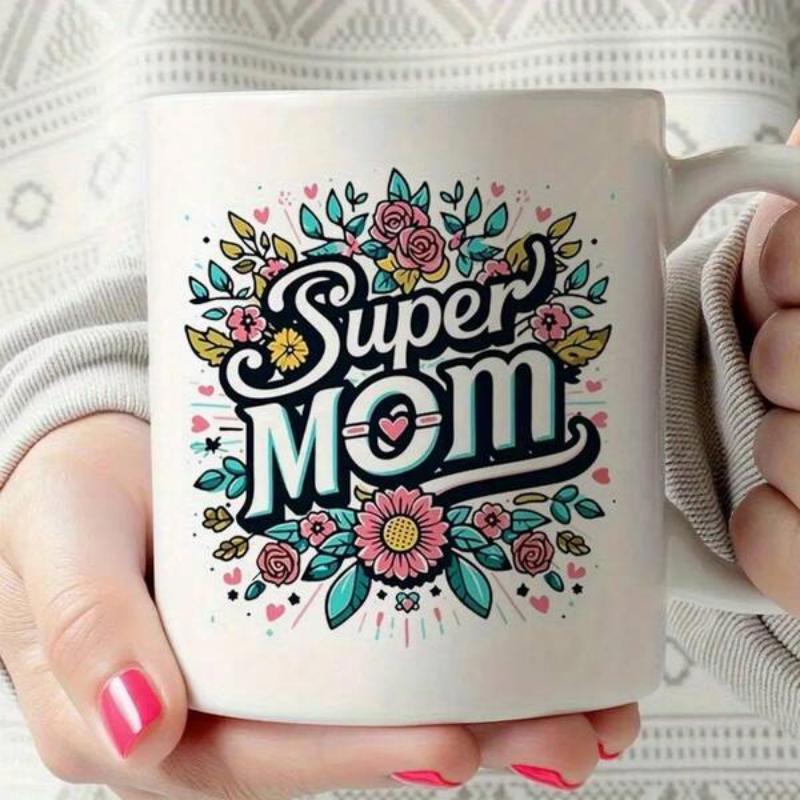 Tailorly White Ceramic 11 oz Mug - Super Mom Vibrant Pink Blossoms With Lush Teal Leaves Forming A Decorative Circular Floral Pattern Flower