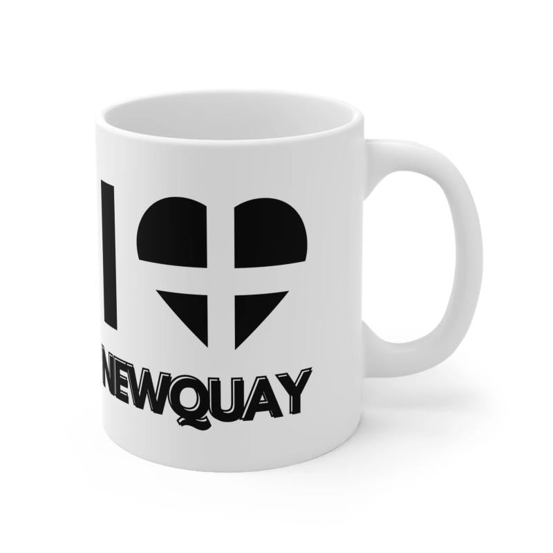Tailorly White Ceramic 11 oz Mug - I Newquay Bold Minimalist Black Silhouette With White Cross Regional Flag Heart