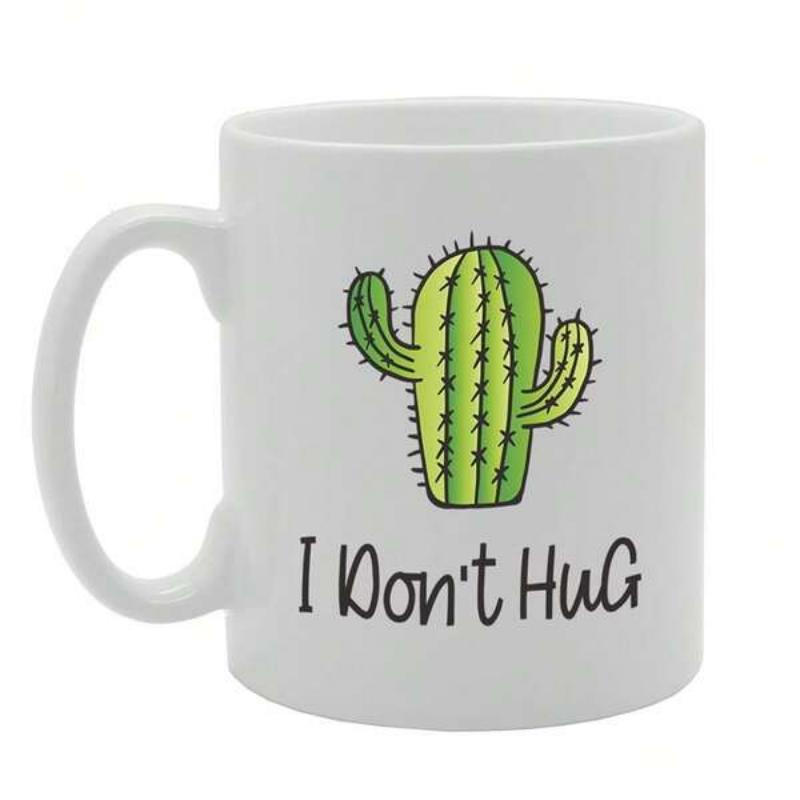 Tailorly White Ceramic 11 oz Mug - I Don't Hug Green Hand Drawn Desert Plant With Tiny Sharp Thorns Cactus