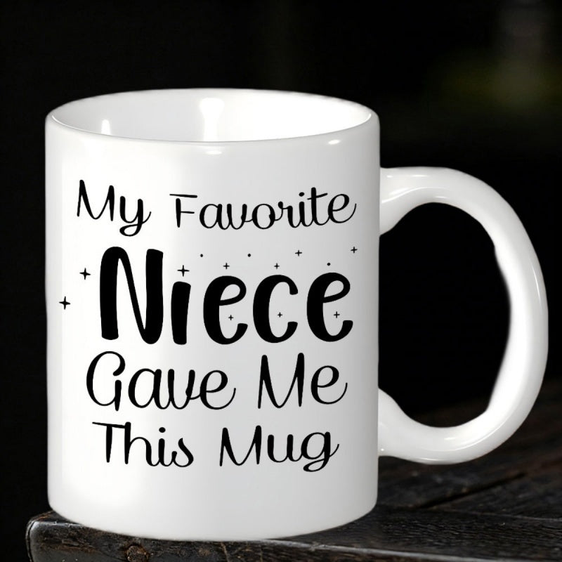 Tailorly White Ceramic 11 oz Mug - My Favorite Niece Gave Me This Mug Minimalist Black Stars Scattering Around Elegant Script Lettering Mug