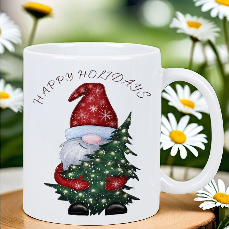 Tailorly White Ceramic 11 oz Mug - Happy Holidays Festive Red Hat Hugging Sparkling Green Pine Tree Gnome
