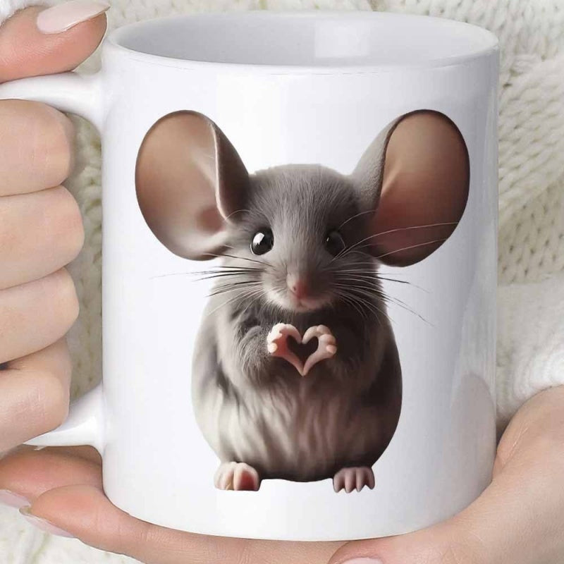 Tailorly White Ceramic 11 oz Mug - Adorable Small Fluffy Rodent Holding Paws In Heart Shape Heartfelt Charming Mouse