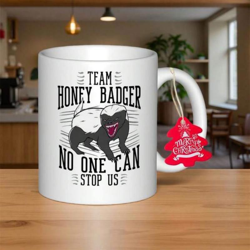 Tailorly White Ceramic 11 oz Mug - Team Honey Badger No One Can Stop Us Fearless Fierce Animal With Powerful Stance And Roaring Expression Honey Badger
