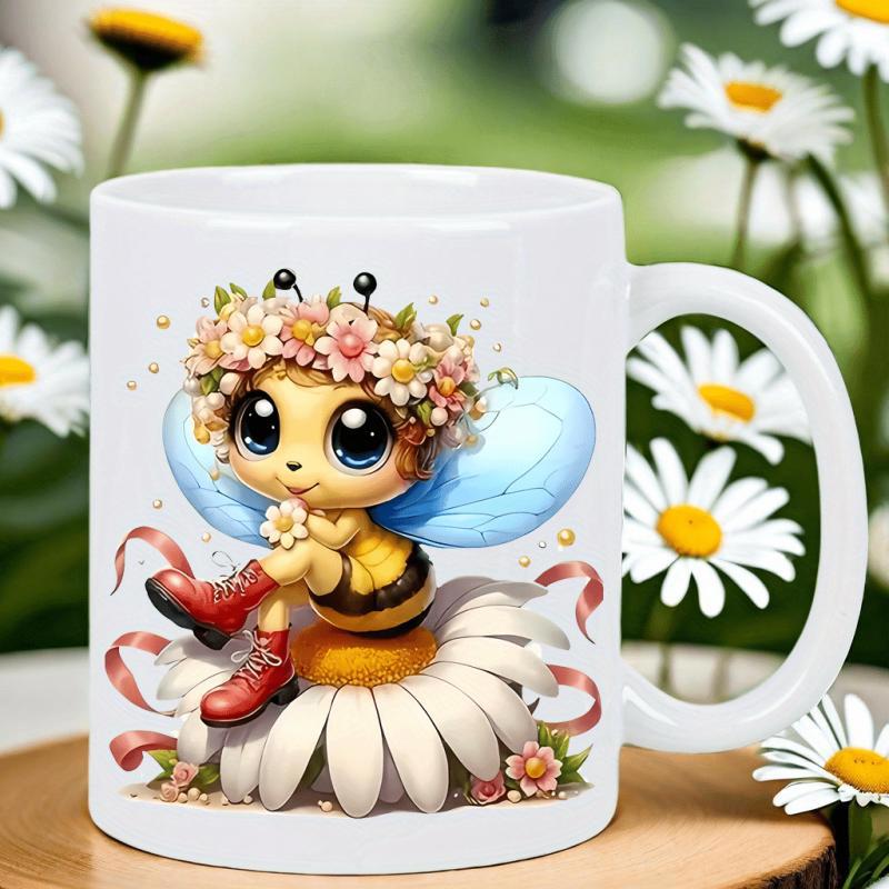 Tailorly White Ceramic 11 oz Mug - Adorable Little Bee Wearing Flower Crown Sitting On White Daisy Bee
