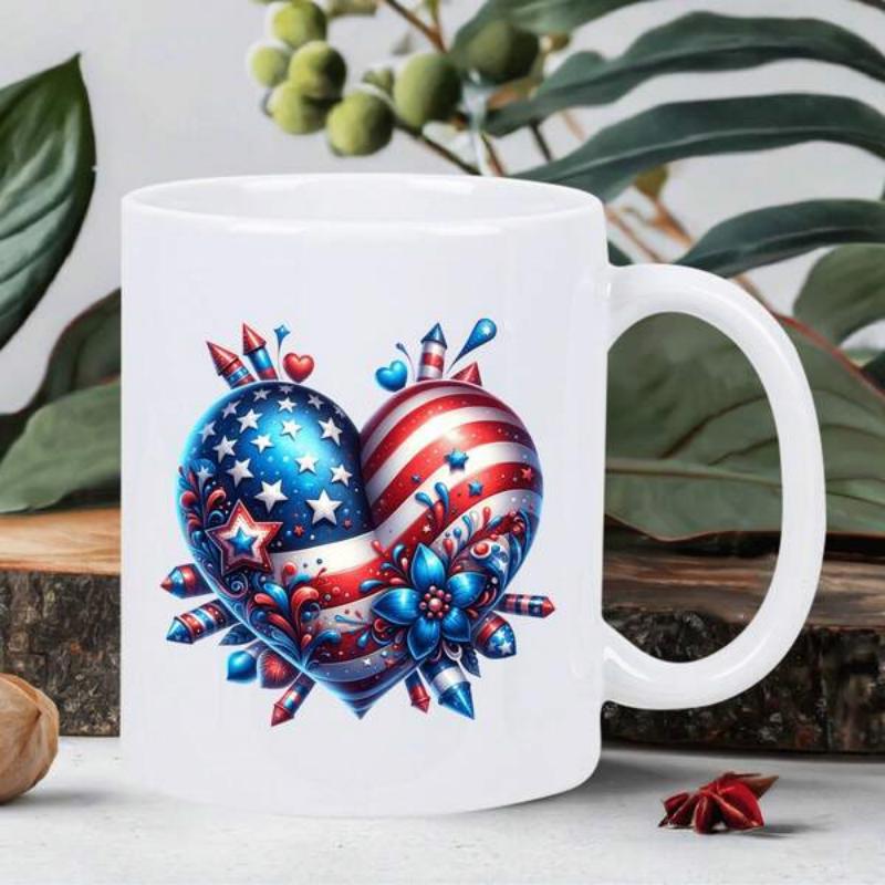 Tailorly White Ceramic 11 oz Mug - Patriotic American Flag Pattern With Fireworks Bursting Around A Decorative Heart