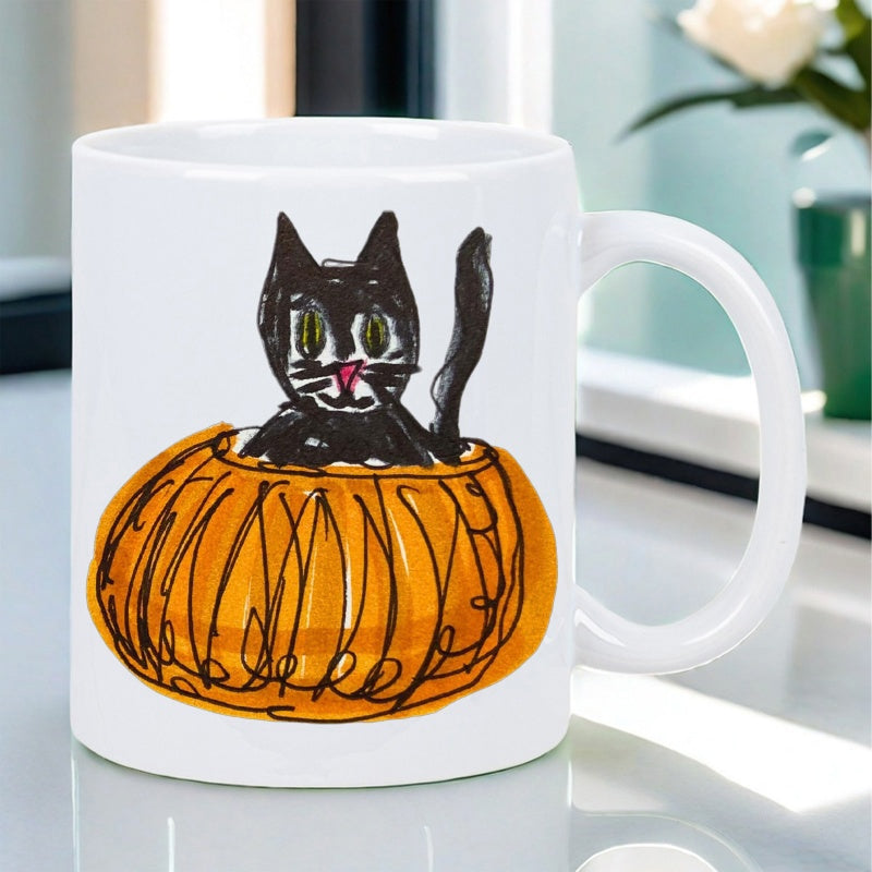 Tailorly White Ceramic 11 oz Mug - Hand Drawn Scribbled Orange Halloween Pumpkin With A Curious Black Cat