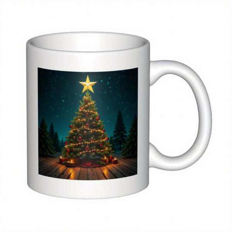 Tailorly White Ceramic 11 oz Mug - Illuminated Starry Night With Festive Lights Among Snowy Forest Evergreen Tree