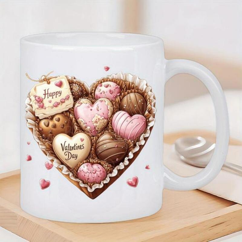 Tailorly White Ceramic 11 oz Mug - Happy Valentine Day Heart Shaped Box Filled With Pink And Brown Gourmet Assorted Chocolates Chocolate