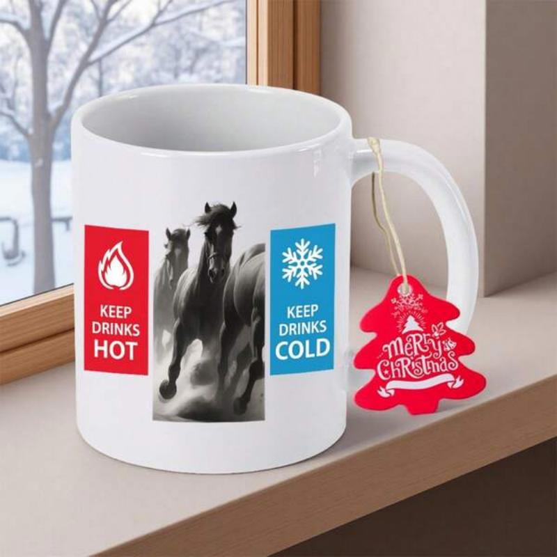 Tailorly White Ceramic 11 oz Mug - Keep Drinks Hot Keep Drinks Cold Merry Christmas Powerful Black Stallions Galloping In Dusty Environment Between Symmetric