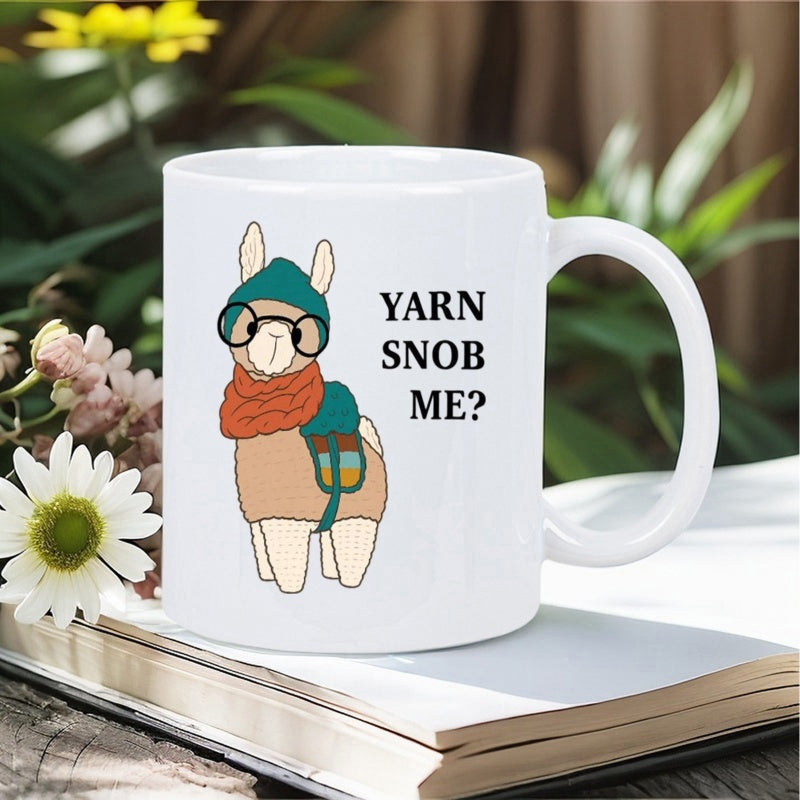 Tailorly White Ceramic 11 oz Mug - Yarn Snob Me Cute Cartoon Wearing A Beanie And Glasses With A Scarf Llama