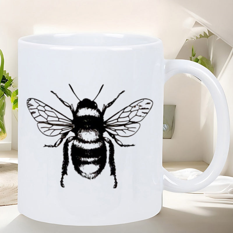 Tailorly White Ceramic 11 oz Mug - Vintage Hand Drawn Style Bee With Detailed Wings And Fuzzy Body Bumblebee