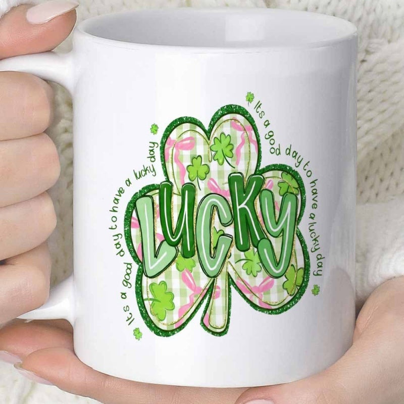 Tailorly White Ceramic 11 oz Mug - Lucky Its A Good Day To Have A Lucky Day Vibrant Green Patterned Surface Surrounded By Inspirational Handwritten Quotes Clover