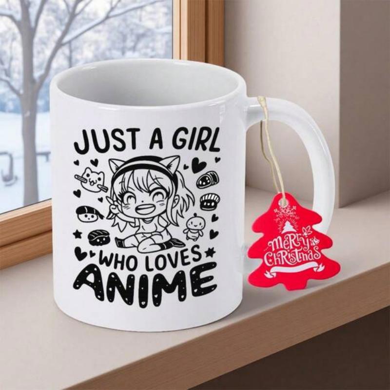 Tailorly White Ceramic 11 oz Mug - Just A Girl Who Loves Anime Adorable Chibi Character Surrounded By Sushi And Hearts Decorative Graphics Girl