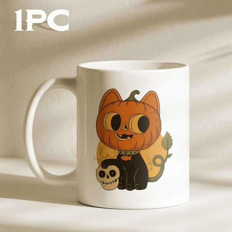 Tailorly White Ceramic 11 oz Mug - Vintage Style Spooky Halloween Black Kitten With Carved Orange Pumpkin Head Cat