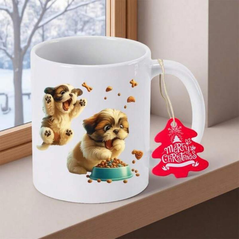 Tailorly White Ceramic 11 oz Mug - Merry Christmas Adorable Fluffy Little Puppies Eating From Blue Ceramic Food Bowl Puppy