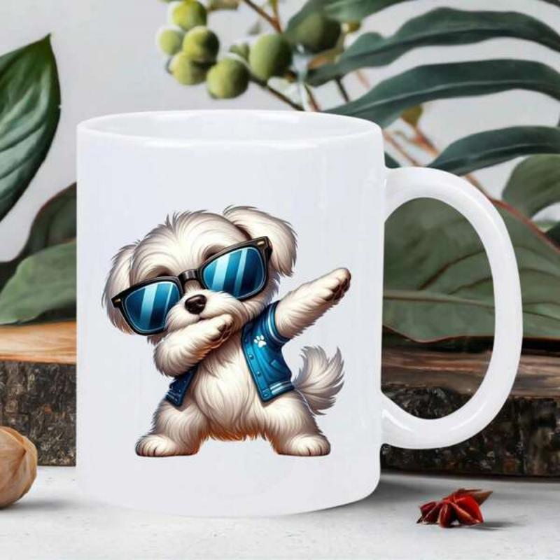 Tailorly White Ceramic 11 oz Mug - Adorable White Puppy Wearing Sunglasses And Blue Vest Doing Dabbing Pose Dog